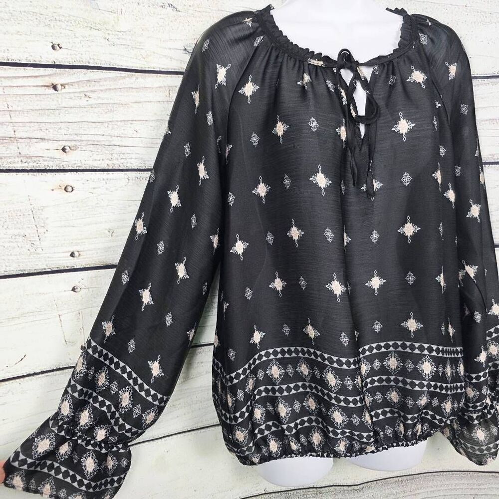 Cato Black Boho Border Print Peasant Top Medium - Picture 4 of 10